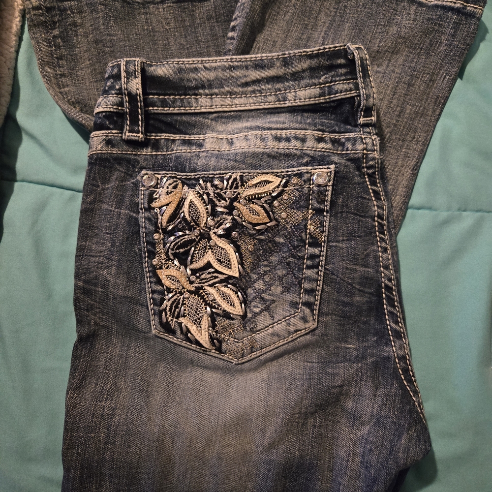Miss Me Blue Boot Cut Jeans with Leaf Embroidery